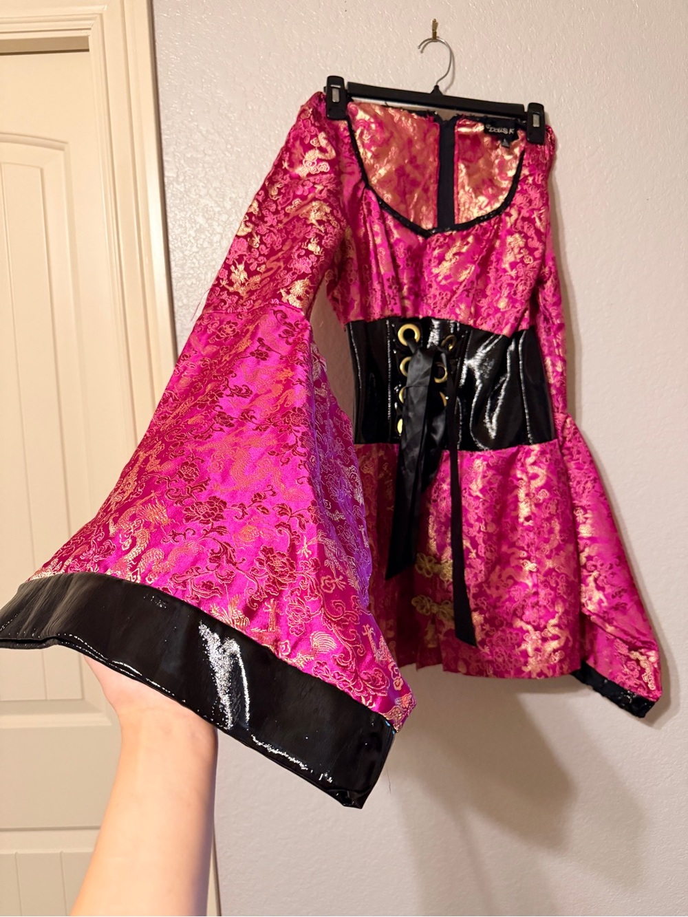 Dolls Kill Magenta Satin Brocade Skirt with Gold Threading, Halloween